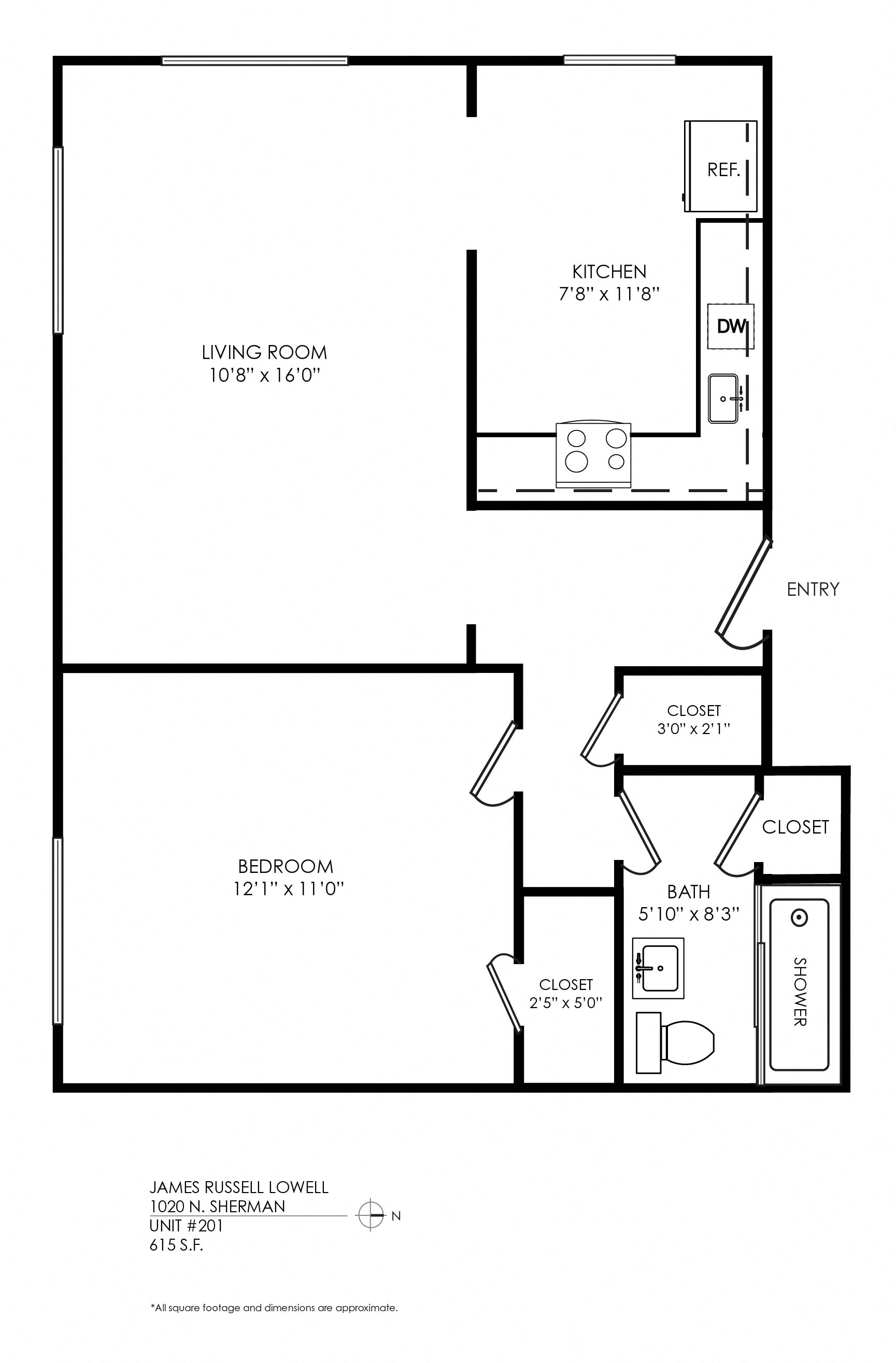 Floor plan for 1 bed, 1 bath, 585 sqft